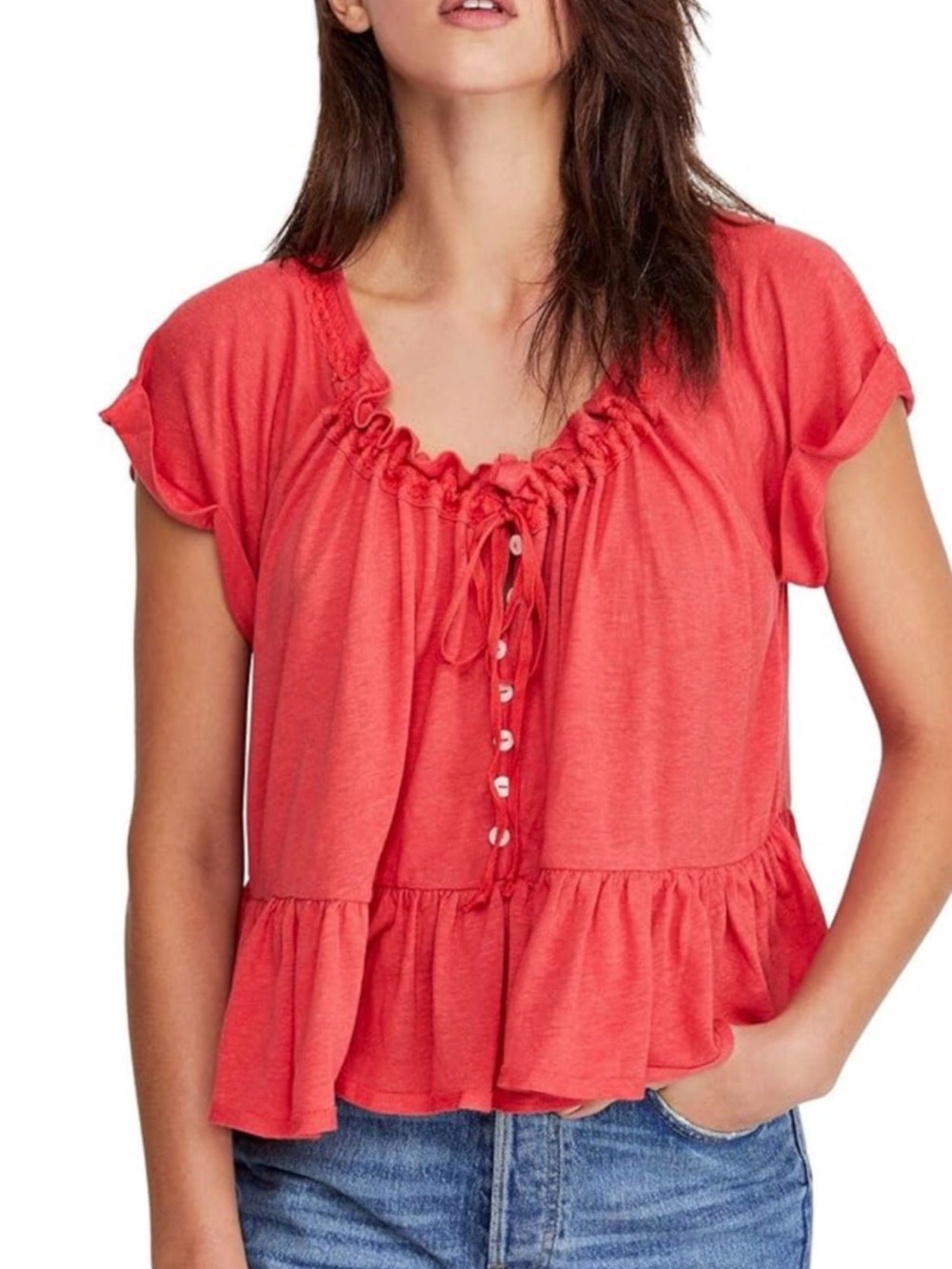 Free People Charlie Button Down Camelia Red Top- M